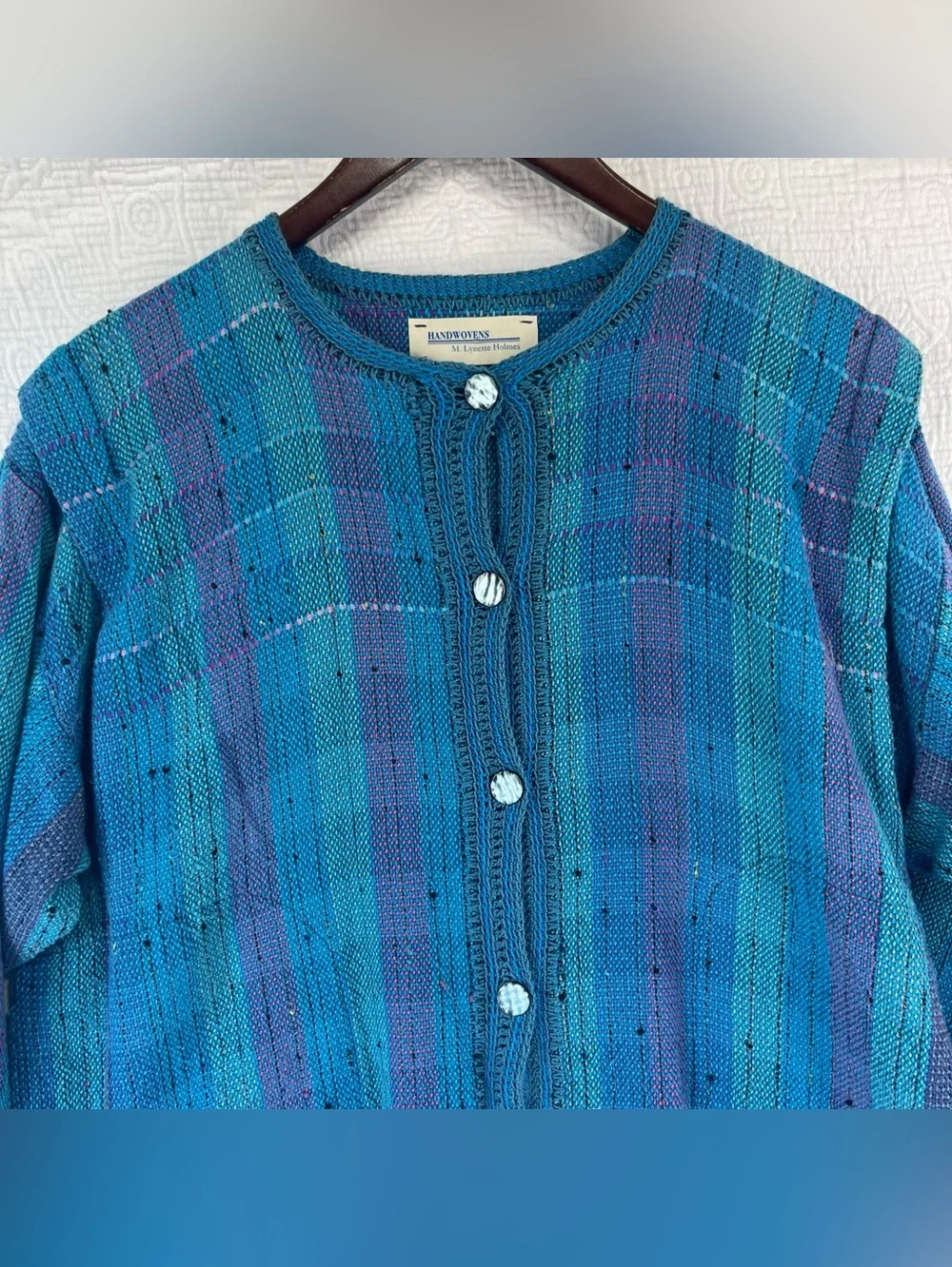 Vintage Handwoven Cardigan Sweater by M Lynette Holmes Handmade Cotton Tweed L